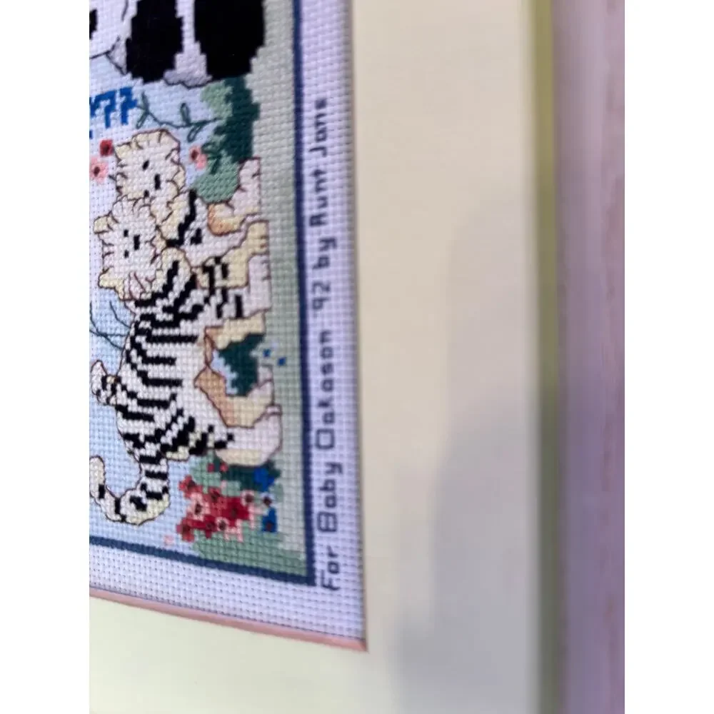 Vintage Framed Noahs Ark Cross Stitch Open Frame Nursery Art Sampler